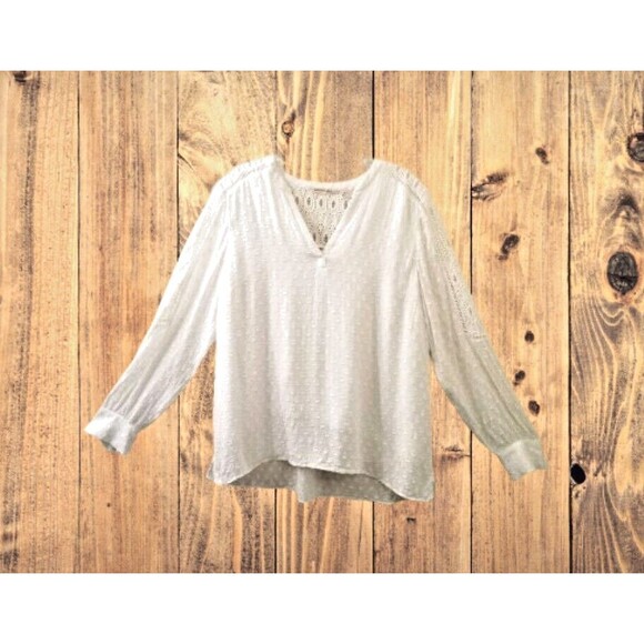 SOFT SURROUNDINGS White Dot Blouse Sz Medium Long Sleeves Boho Top Cutouts - Picture 1 of 10